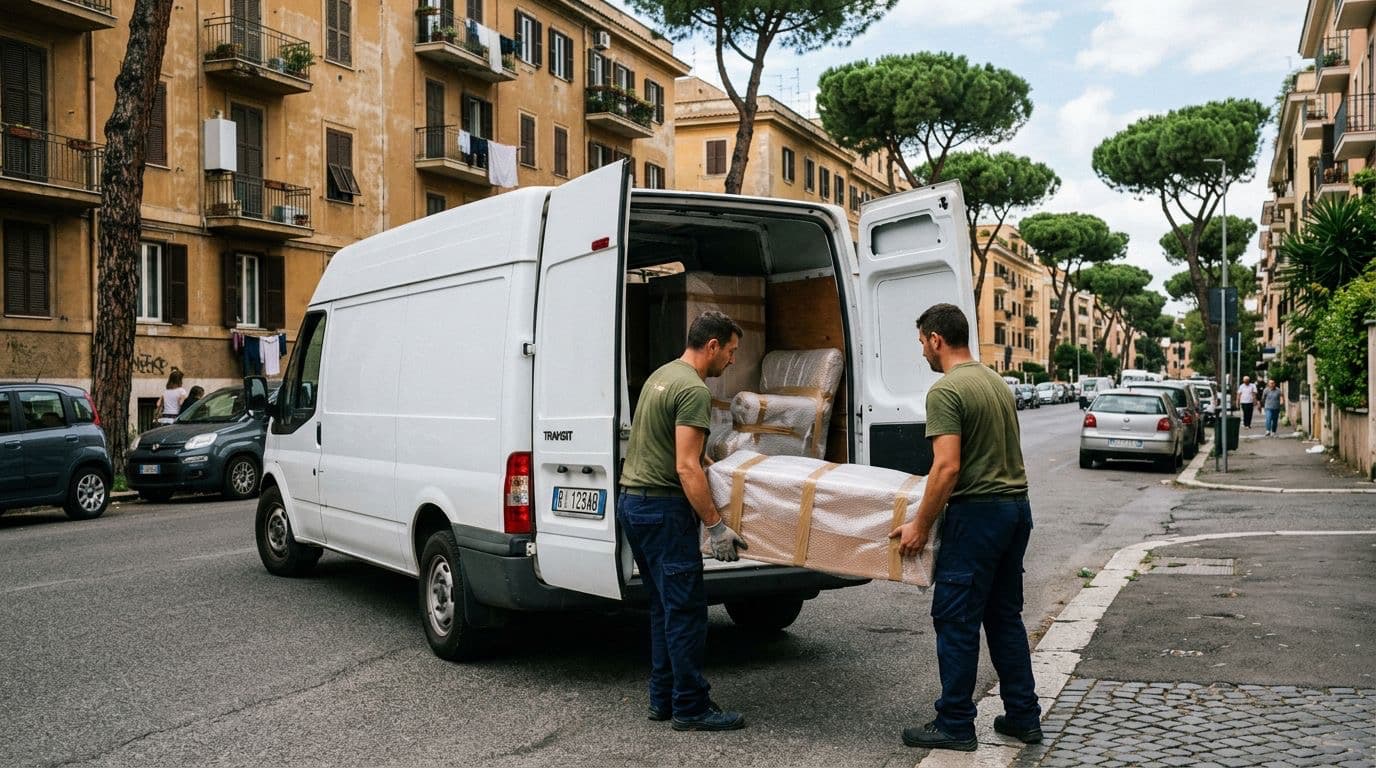 Piccoli trasporti Roma — mobili imballati caricati sul furgone Freccia SRL