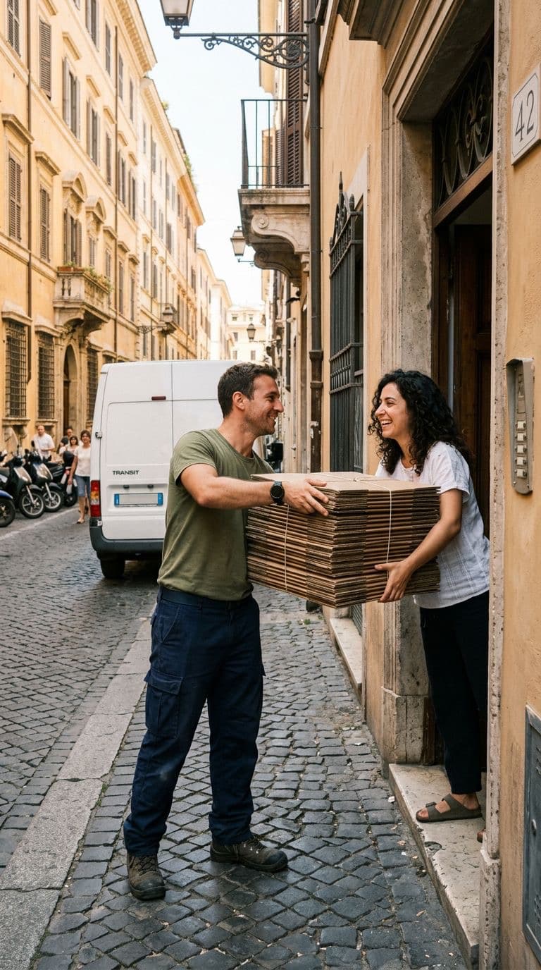 Scatole traslochi Roma — operaio Freccia SRL consegna le scatole a domicilio alla cliente