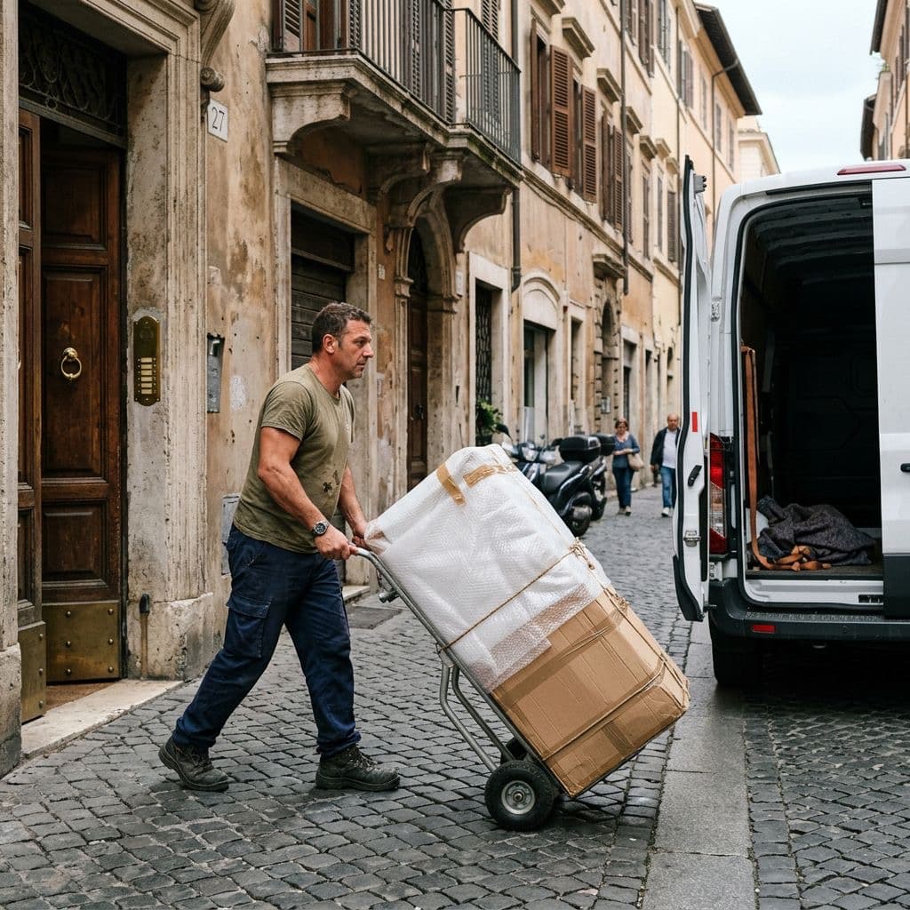 Trasporto singoli mobili Roma — mobile imballato con pluriball e cartone